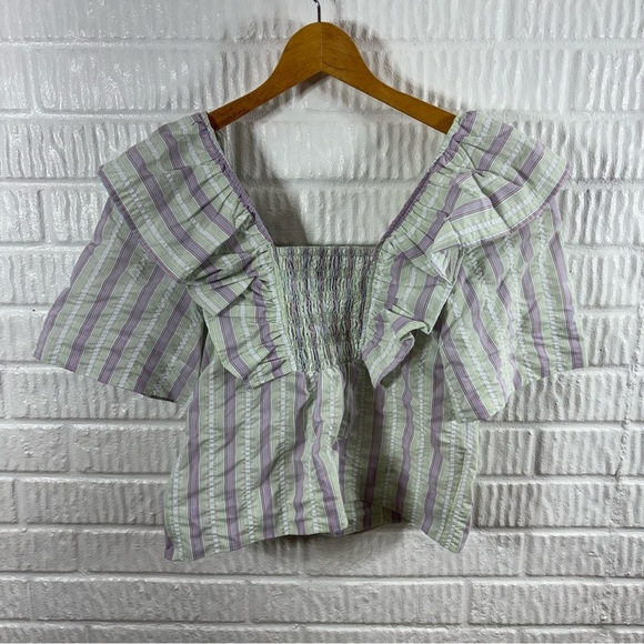 Ganni Ruffled Striped Recycled Seersucker Top NWT - Picture 4 of 7